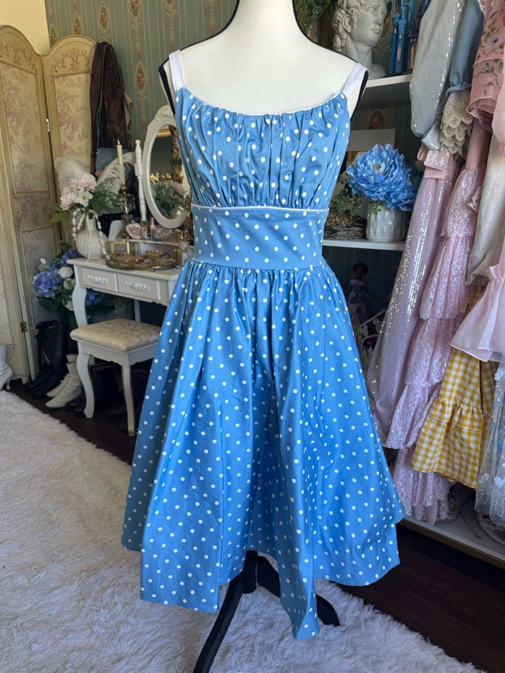 Vixen by Micheline Pitt Blue Polka Dot Fit-and-Flare Dress - Picture 7 of 7